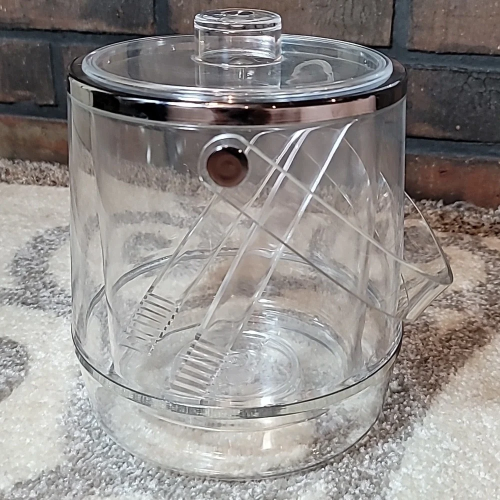 Vintage Ice Bucket with lid and tongs clear lucite chrome bands double wall